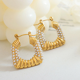 Chic Geometric Pearl Earrings for Slimming Round Faces - Titanium Steel C-shaped Ear Studs