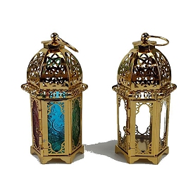 Ретро позолоченный железный фонарь для свечи Рамадан, портативный стеклянный декоративный подвесной светильник подсвечник для украшения дома