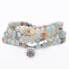 108 Beads Mala Bracelet with 8mm Lotus Flower OM Tree Pendant for Meditation and Yoga