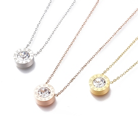 304 Stainless Steel Pendant Necklaces, with Crystal Rhinestone and Lobster Claw Clasps, Flat Round with Roman Numerals