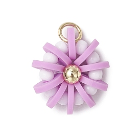 Handmade Polymer Clay & Glass Seed & Brass Pendants, Flower, with 304 Stainless Steel Jump Rings