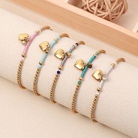 304 Браслеты из нержавеющей стали, стекла и стразов, 304 Женские браслеты из круглых бусин из нержавеющей стали, сердце, золотые