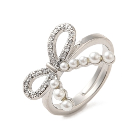 Rack Plating Brass Micro Pave Cubic Zirconia Finger Ring, Cuff Ring, with Plastic Imitation Pearl, Long-Lasting Plated, Cadmium Free & Lead Free, Bowknot