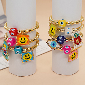 Браслеты с подвесками из стеклянных бусин в богемном стиле, латунные круглые бусины эластичные браслеты для женщин, с бусиной от сглаза в технике лэмпворк