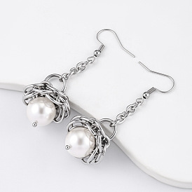 Boucles d'oreilles pendantes en acier inoxydable et résine avec perles, fleur