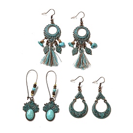 3 Pairs 3 Style Teardrop & Donut & Flower Alloy Dangle Earrings Set, Wood & Synthetic Turquoise Beaded Long Drop Earrings for Women
