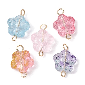 Transparent Glass Connector Charms, Plum Blossom Flower, with Golden Tone 304 Stainless Steel Double Loops