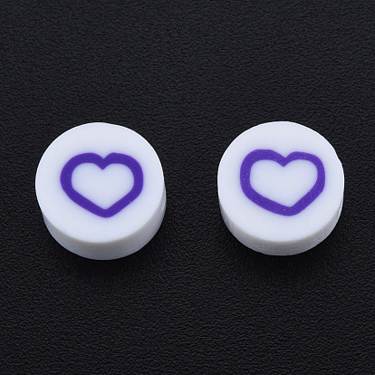 Handmade Polymer Clay Beads, Flat Round with Heart