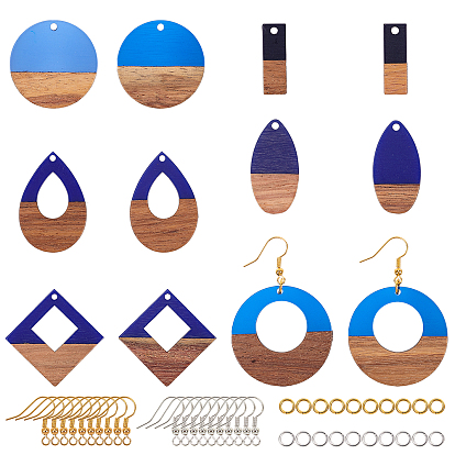 Kits de fabricación de pendientes colgantes de bricolaje, incluyendo colgantes de resina y madera de nogal, Ganchos del pendientes de latón, anillos de cobre amarillo del salto, formas mixtas