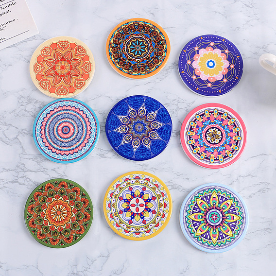 Porcelain Cup Mats, Flat Round Shape Mandala Pattern Coaster
