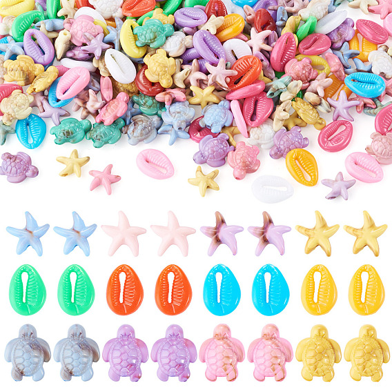 200Pcs 3 Styles Ocean Animal Opaque Acrylic Beads, Tortoise & Star & Cowrie Shell