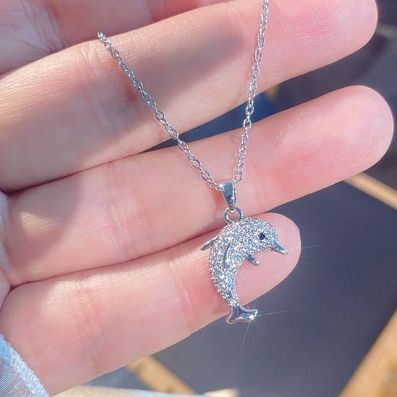 Summer Beach Alloy Crystal Rhinestone Dolphin Pendant Necklaces for Women