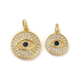 Brass Micro Pave Clear Cubic Zirconia Pendants, Flat Round with Eye