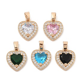 Rack Plating Leaf Brass Clear Cubic Zirconia With Glass Pendants, Heart Charms, with Jump Ring