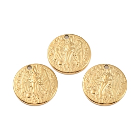 Ion Plating(IP) 304 Stainless Steel Pendants, Flat Round with Angel Charm