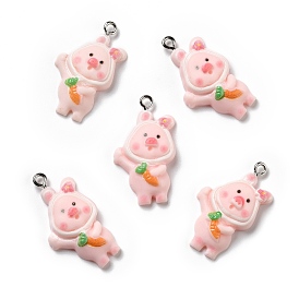 Opaque Resin Pendants, with Platinum Tone Iron Loops, Pig with Carrot