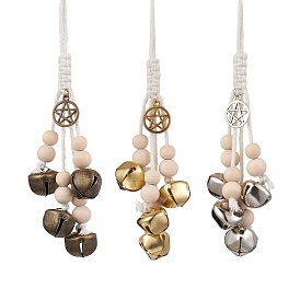 3Pcs 3 Colors Iron Bell Pendant Decoration, Wood Beads and Jute Cord for Home Door Hanging Ornaments