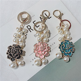 Sparkling Rhinestone Camellia Keychain with Pearl Tassel for Women's Car Keys
