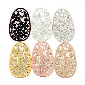 Brass Pendants, Etched Metal Embellishments, Hollow Out Oval with Flower