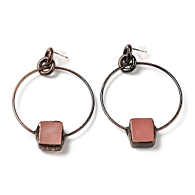 Natural Rose Quartz Ring with Rectangle Dangle Stud Earrings, Brass Jewelry for Women, Cadmium Free & Lead Free, Red Copper
