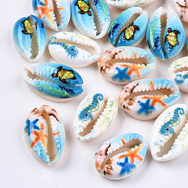 Perles de coquillage cauri naturel imprimées, pas de trous / non percés, avec motif d'organisme marin