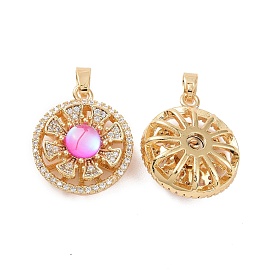 Rotatable Brass Micro Pave Cubic Zirconia Pendants, with Orchid Glass, Flat Round with Flower Charms