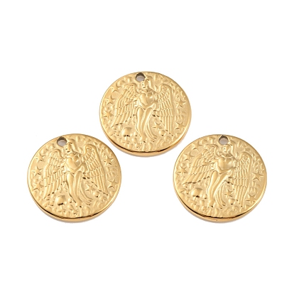 Ion Plating(IP) 304 Stainless Steel Pendants, Flat Round with Angel Charm