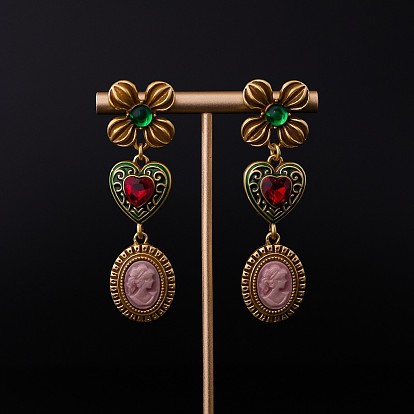 Серьги-гвоздики с эмалевым сплавом в форме цветка и сердца, со стразами, стеклом и смолой