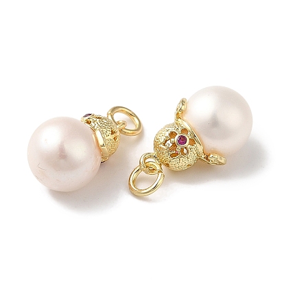 Natural Pearl Pendants, with Rack Plating Brass Findings, Gourd-shape Charms, Real 14K Gold Plated