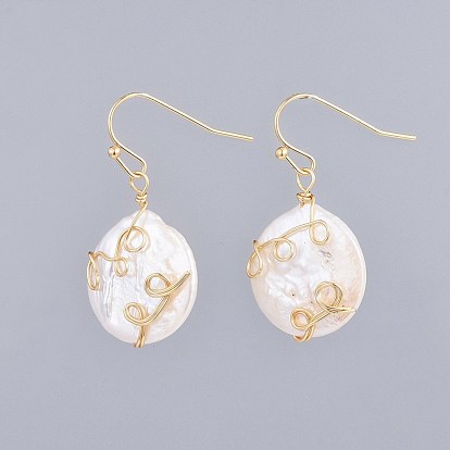 Flat Round Natural Baroque Pearl Keshi Pearl Dangle Earrings, with Brass Earring Hooks and Copper Wire