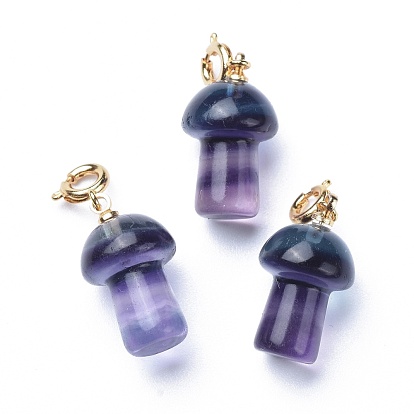 Carved Natural Fluorite Pendants, with Brass Spring Ring Clasps, Long-Lasting Plated, Mushroom