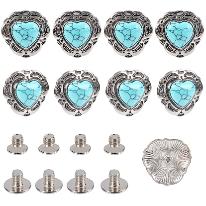 8 Bags Alloy Decorative Rivets, with Imitation Turquoise & Iron Screws, for Purse, Bags, Heart, Antique Silver