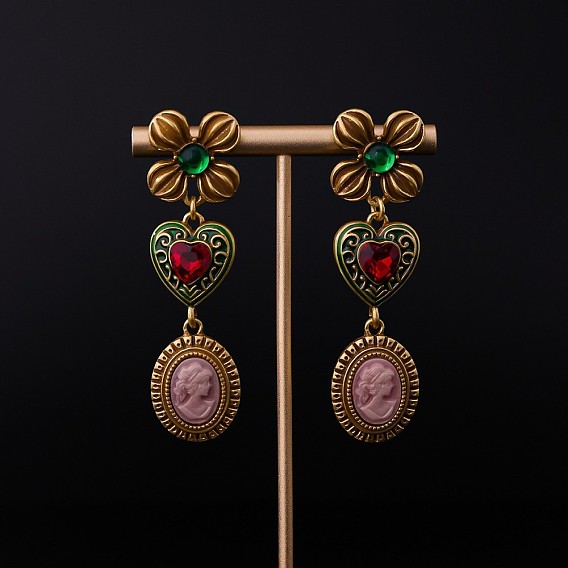 Серьги-гвоздики с эмалевым сплавом в форме цветка и сердца, со стразами, стеклом и смолой