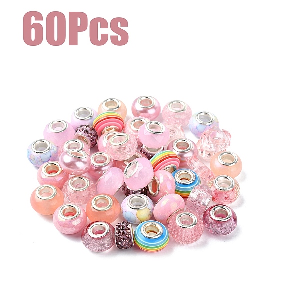 60 шт 15 стили смолы европейские бусины, пончики и рондельки с большими отверстиями, с латунными сердечниками с серебряным покрытием