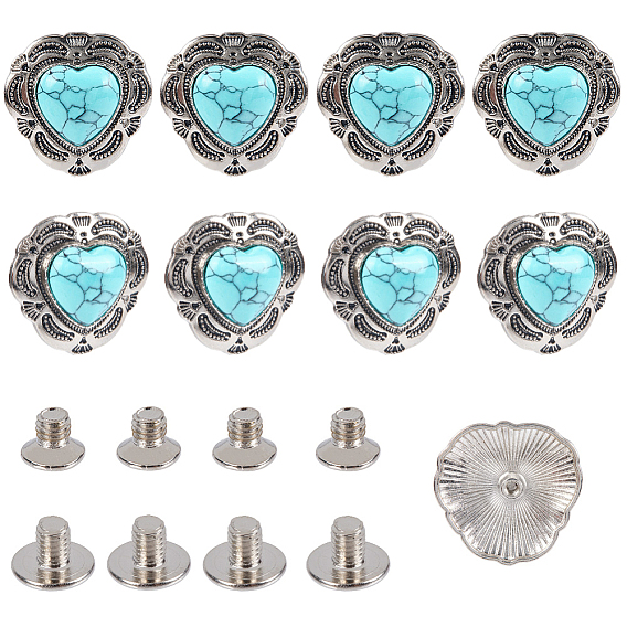 8 rivets décoratifs en alliage pour sacs, avec imitation turquoise et vis en fer, pour sac à main, , cœur, argent antique