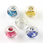 Handmade Lampwork European Large Hole Beads, with Glitter Powder inside and Silver Color Plated Brass Cores, Rondelle, 14x9~10mm, Hole: 5mm