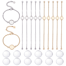 12 шт. 2 цвета 304 изготовление браслетов из нержавеющей стали, с карабин-лобстерами , кабельные цепи и плоские круглые кабошоны, с 12 стеклянными кабошонами