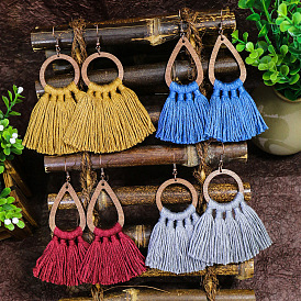 Boho Wooden Tassel Earrings Handmade Ethnic Jewelry Colorful Statement Dangles