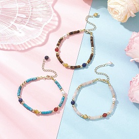 3Pcs Natural Magnesite & Yellow Tiger Eye & Pink Aventurine Beaded Bracelets for Women, Flat Round/Disc