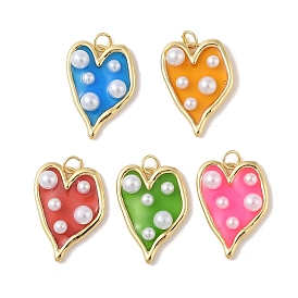 Rack Plating Brass & Epoxy Resin Pendants, Heart Charms with Jump Rings & Plastic Pearl, Real 18K Gold Plated, Cadmium Free & Lead Free, Long-Lasting Plated