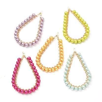 Baking Paint Pearlized Glass Pearl Round Pendants, with Brass Findings, Teardrop