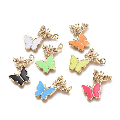 Brass Micro Pave Clear Cubic Zirconia Pendants, with Enamel and Jump Rings, Butterfly, Real 18K Gold Plated