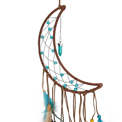 Handmade Leather Woven Net/Web with Feather Wall Hanging Decoration, with Iron Rings, Wooden Beads & Synthetic Turquoise, for Home Offices Amulet Ornament, Star/Moon Pattern