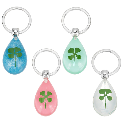4Pcs 4 Colors  Keychain, with Resin Pendants and Platinum Iron Findings, Teardrop with Clover