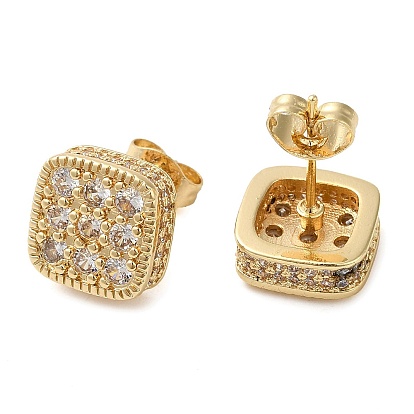 Brass Micro Pave Cubic Zirconia Stud Earring, Long-Lasting Plated, Square