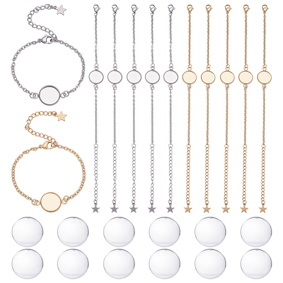 12 шт. 2 цвета 304 изготовление браслетов из нержавеющей стали, с карабин-лобстерами , кабельные цепи и плоские круглые кабошоны, с 12 стеклянными кабошонами