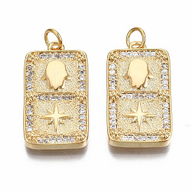 Brass Micro Pave Clear Cubic Zirconia Pendants, Nickel Free, Rectangle with Star & Hamsa Hand
