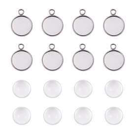 Поделки кулон решений, 304 подвесные кабошоны из нержавеющей стали и плоские круглые стеклянные кабошоны, прозрачные