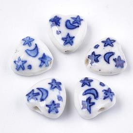 Perles en porcelaine manuelles, porcelaine bleue et blanche , coeur avec la lune et les étoiles
