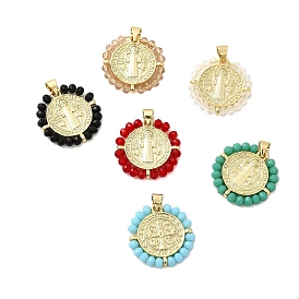 Латунь стекло кулоны, плоский круглый с амулетом в виде святого и креста, долговечный, без кадмия и без свинца, реальный 18 k позолоченный, граненые